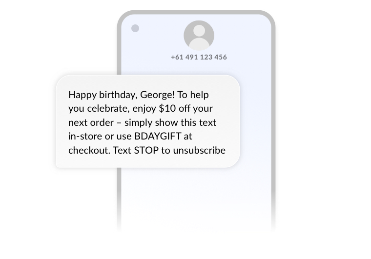 Example of birthday text message from business with discount code