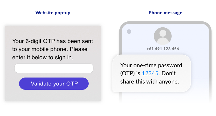 2FA website pop-up and 2FA text message